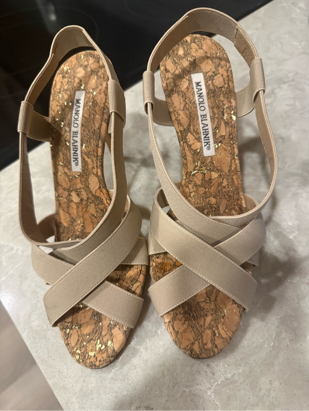 Manolo Blahnik Nude Crisscross Slingback Cork-Effect Sandals ORIG $650